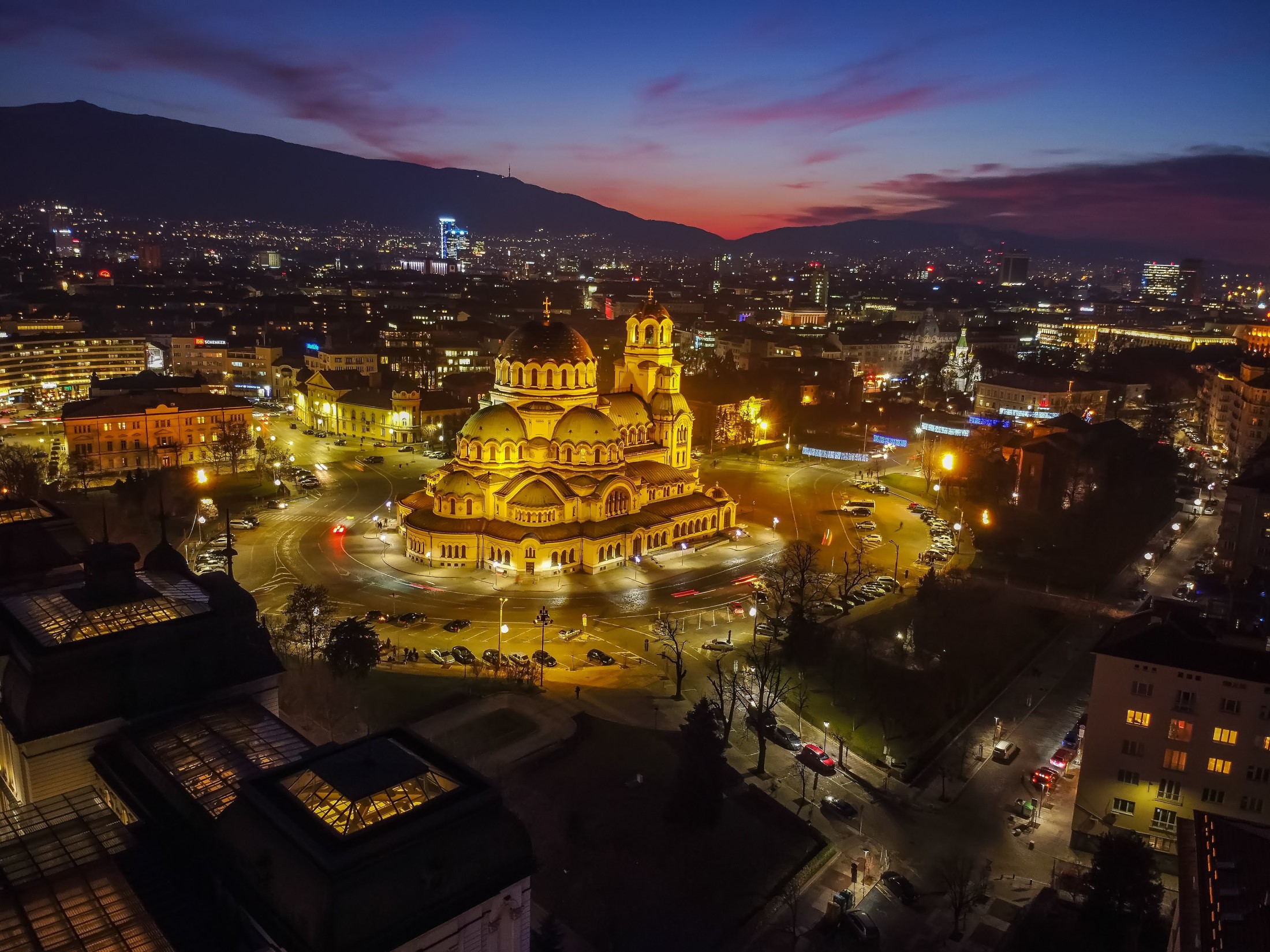 A night aerial view of Sofia, Bulgaria with Saint Alexander Nevsky cathedral church