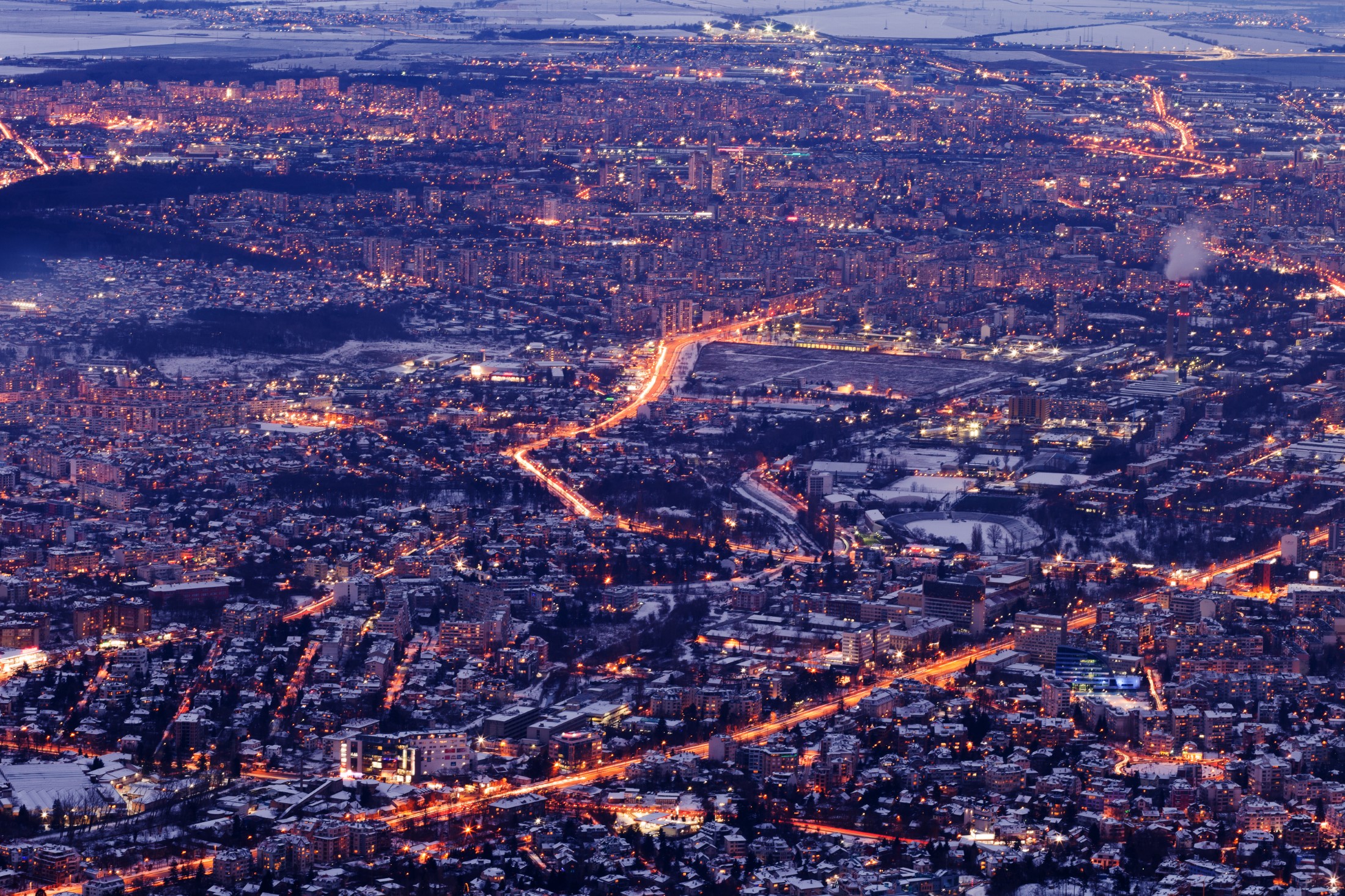 Image of Sofia city from high at dusk, Bulgaria.