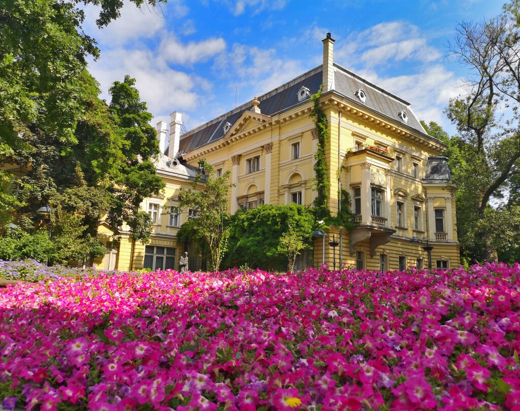 Landscape with yellow baroque house surrounded by green trees and a field of pink blossomed flowers in the middle of Sofia, Bulgaria