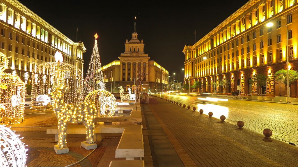 Sofia Bulgaria Night views of downtown Sofia Bulgaria with Christmas decorations
