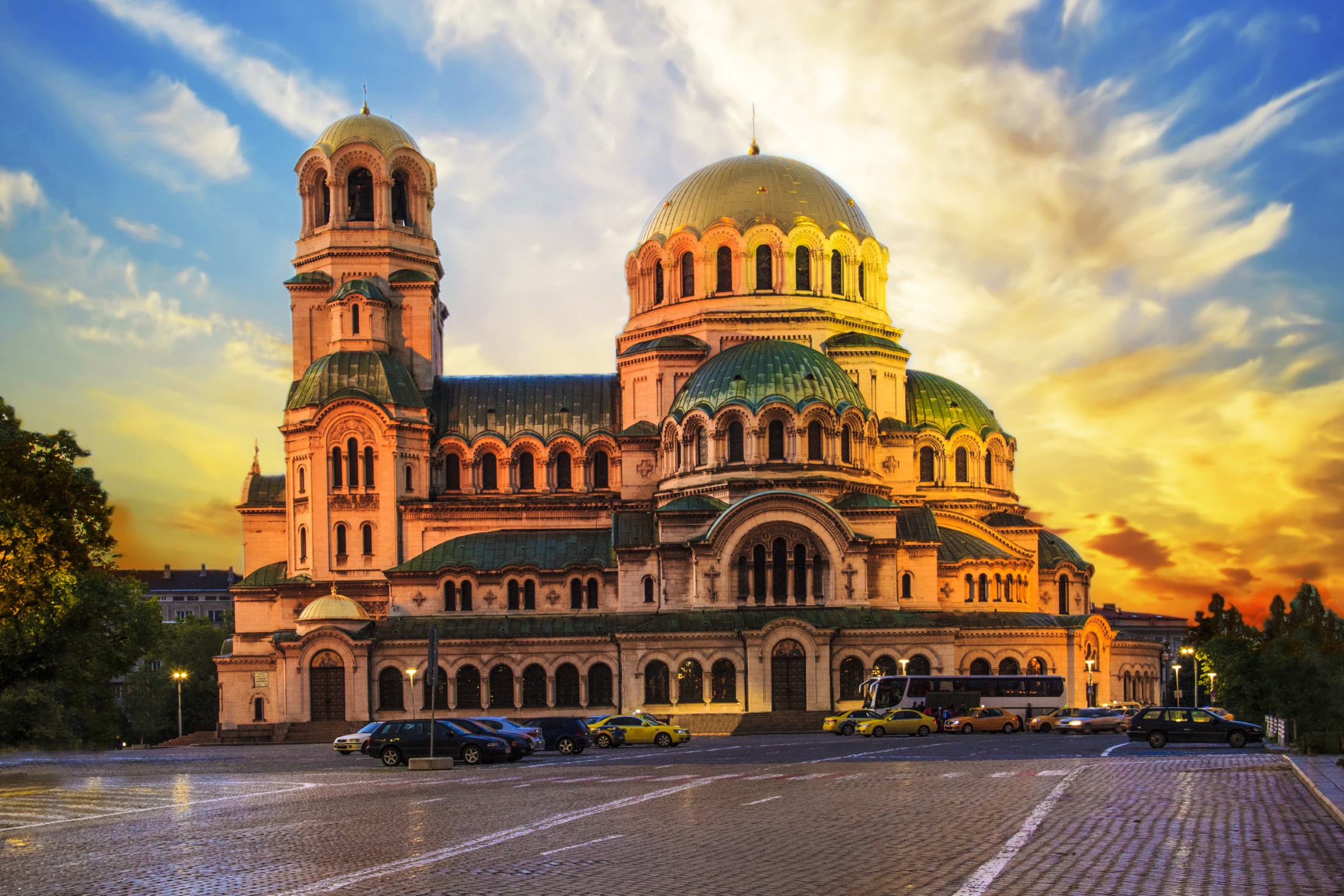 A beautiful view of the Alexander Nevsky Cathedral in Sofia, Bulgaria on a sunset