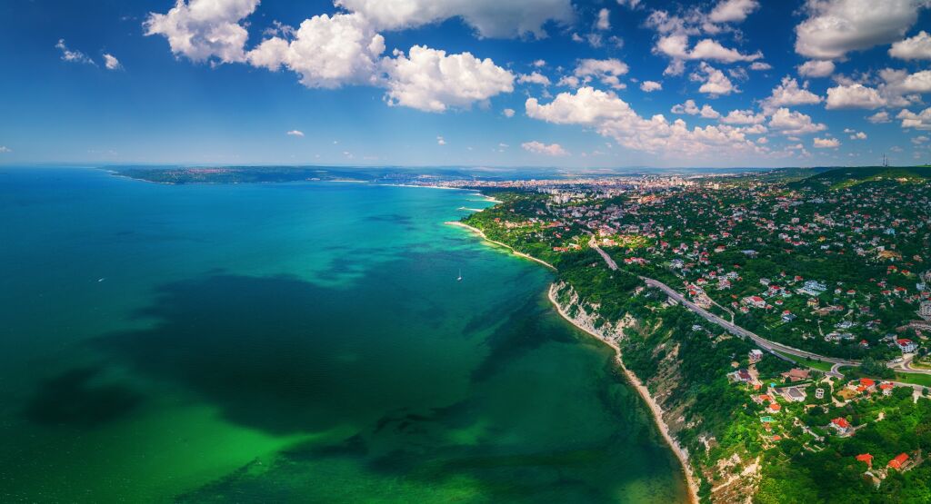 Aerial drone view of sea and coast above Varna, Bulgaria. Beautiful summer day. 