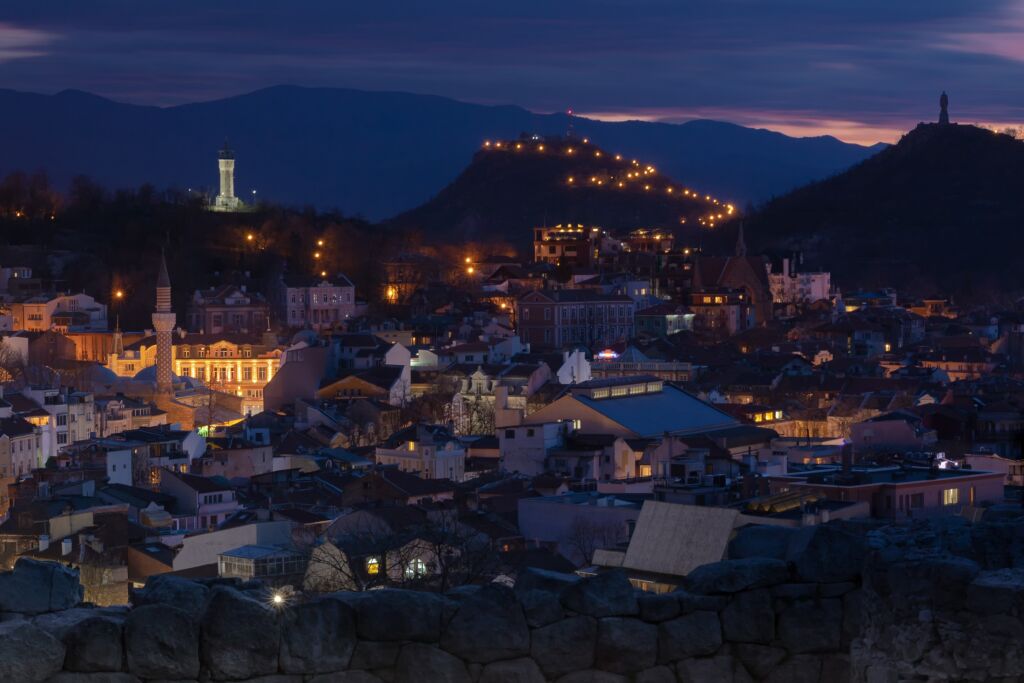 Plovdiv at dusk, night city view from the Old Town. Plovdiv is also named as The Town of the Seven Hills and is the second largest town in Bulgaria