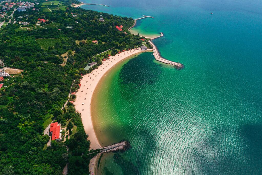 Aerial drone view of sea and coast above Euxinograd, Varna, Bulgaria. Beautiful summer day. 
