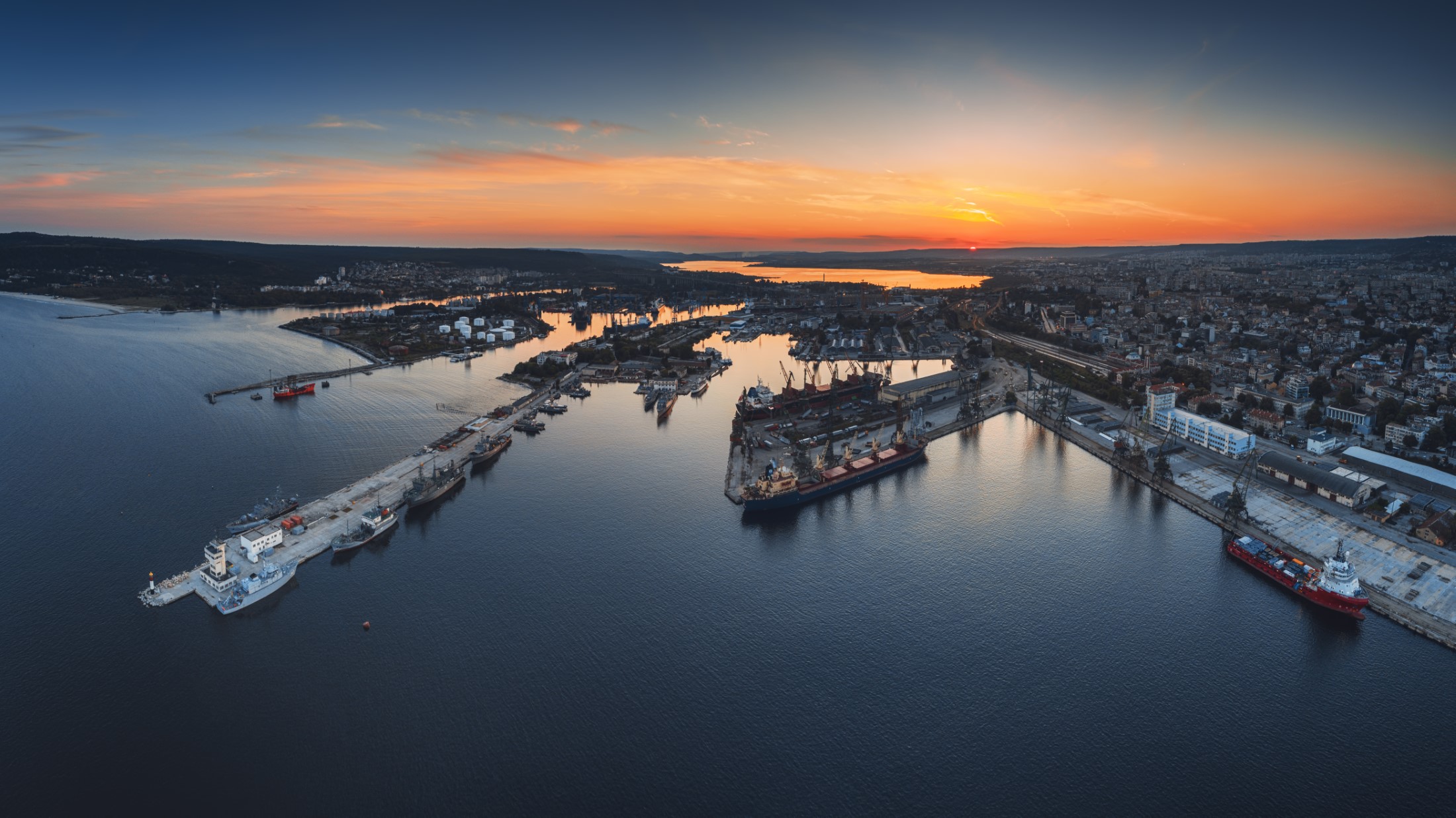 Aerial panorama drone view of sea port and industrial harbor zone in Varna, Bulgaria 2018