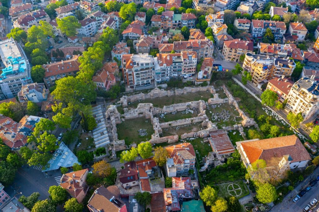 Aerial view of Roman bath in Bulgarian city Varna
