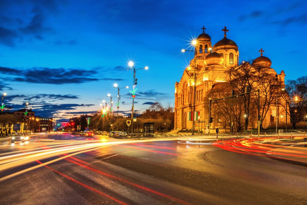 The Cathedral of the Assumption in Varna. lluminated at night.
