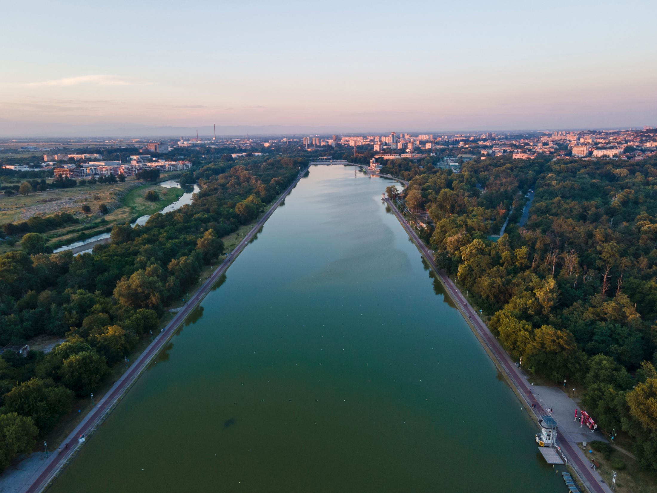 Aerial sunset view of Rowing Venue in city of Plovdiv, Bulgaria