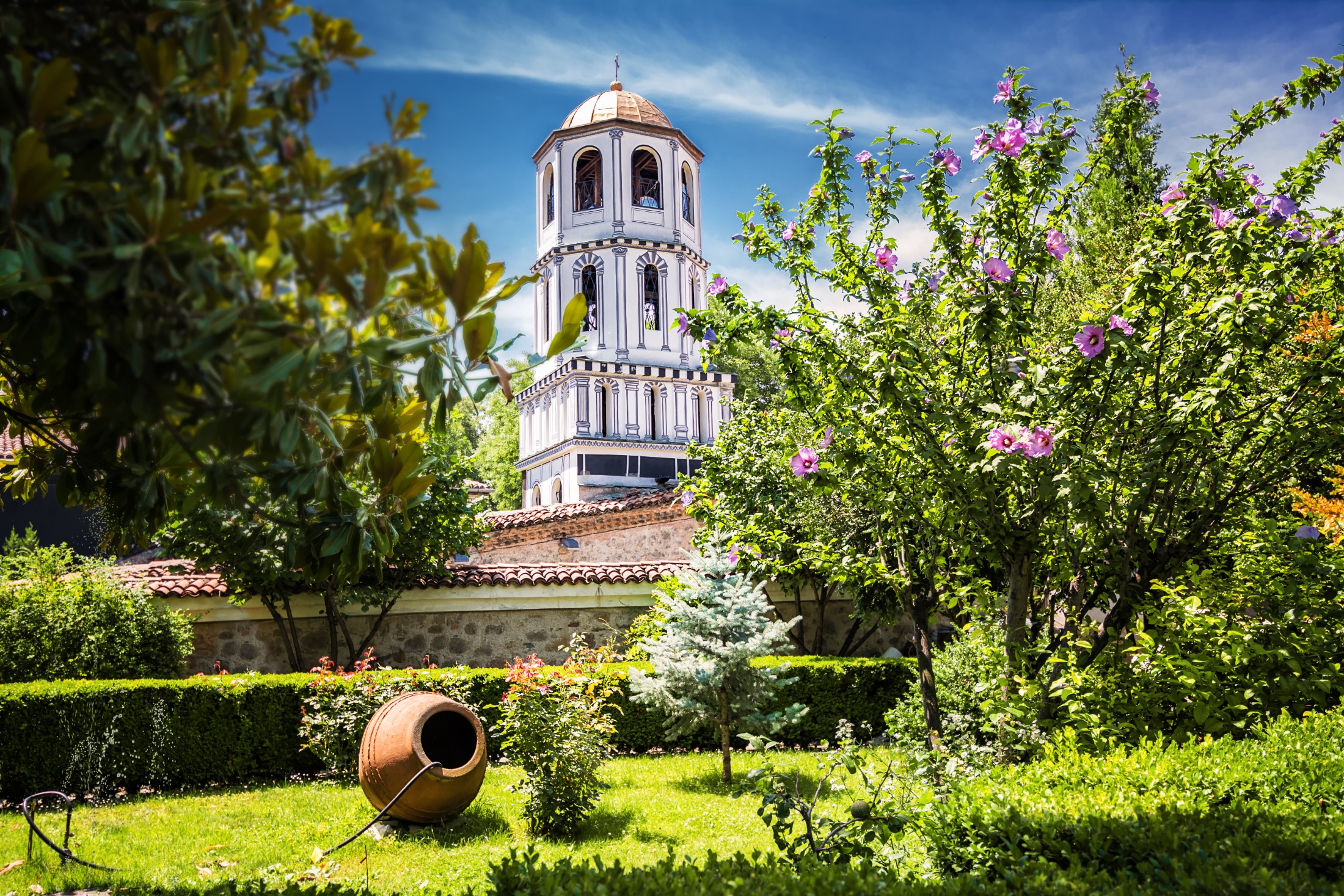 Bell tower and garden of the church of St. Constantine and Elena in Plovdiv (Bulgaria)