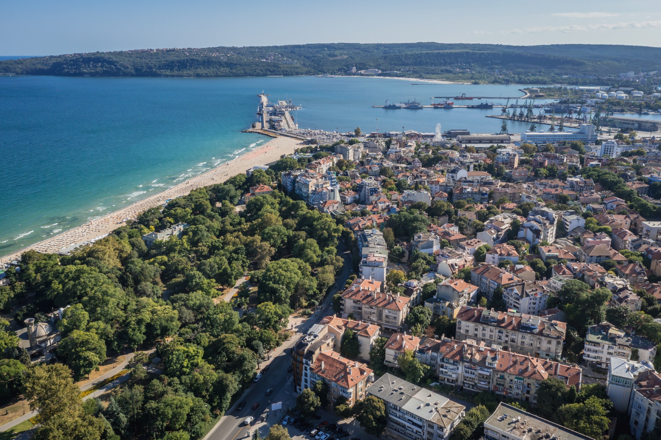 Drone photo of Varna city in Bulgaria, view with beach and port
