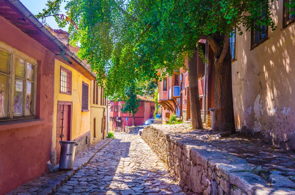 View of a narrow street in the historical part of Bulgarian city Plovdiv